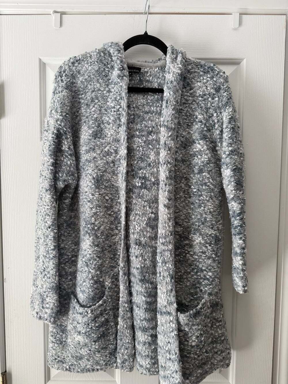 Metric Knits Open Front Hooded Cardigan Size M Blue White Marled Fuzzy